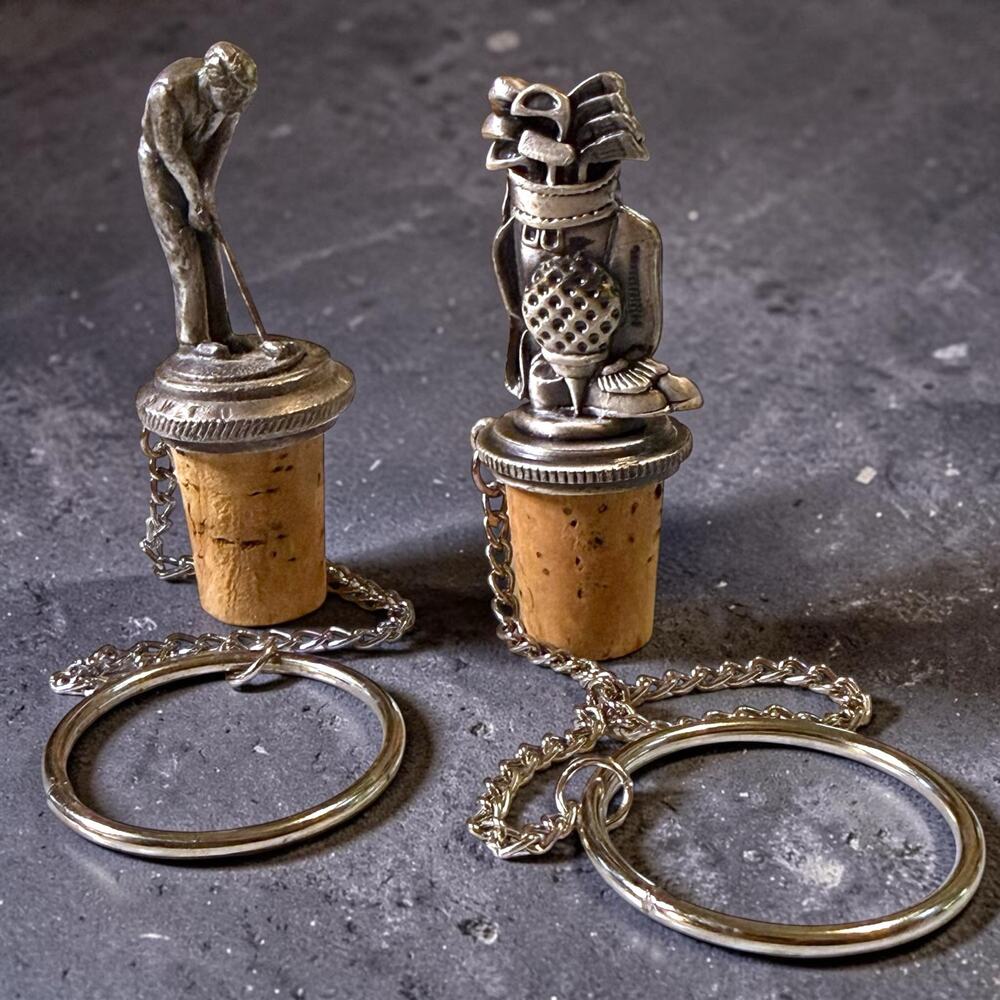 Wine Things Unlimited Pewter Golf Wine Stopper Set of Two Golfer Golf Bag Cork